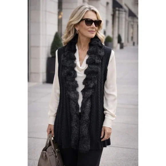 Ming Wang Sweater Vest Women L Black Faux Fur Trim Cable Knit Quiet Luxury Chic - Picture 1 of 15